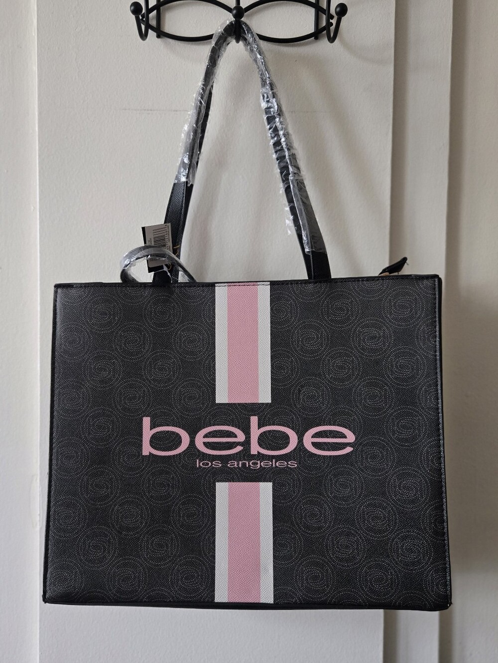 bebe Black and Pink Logo Stripe Tote - Picture 3 of 6